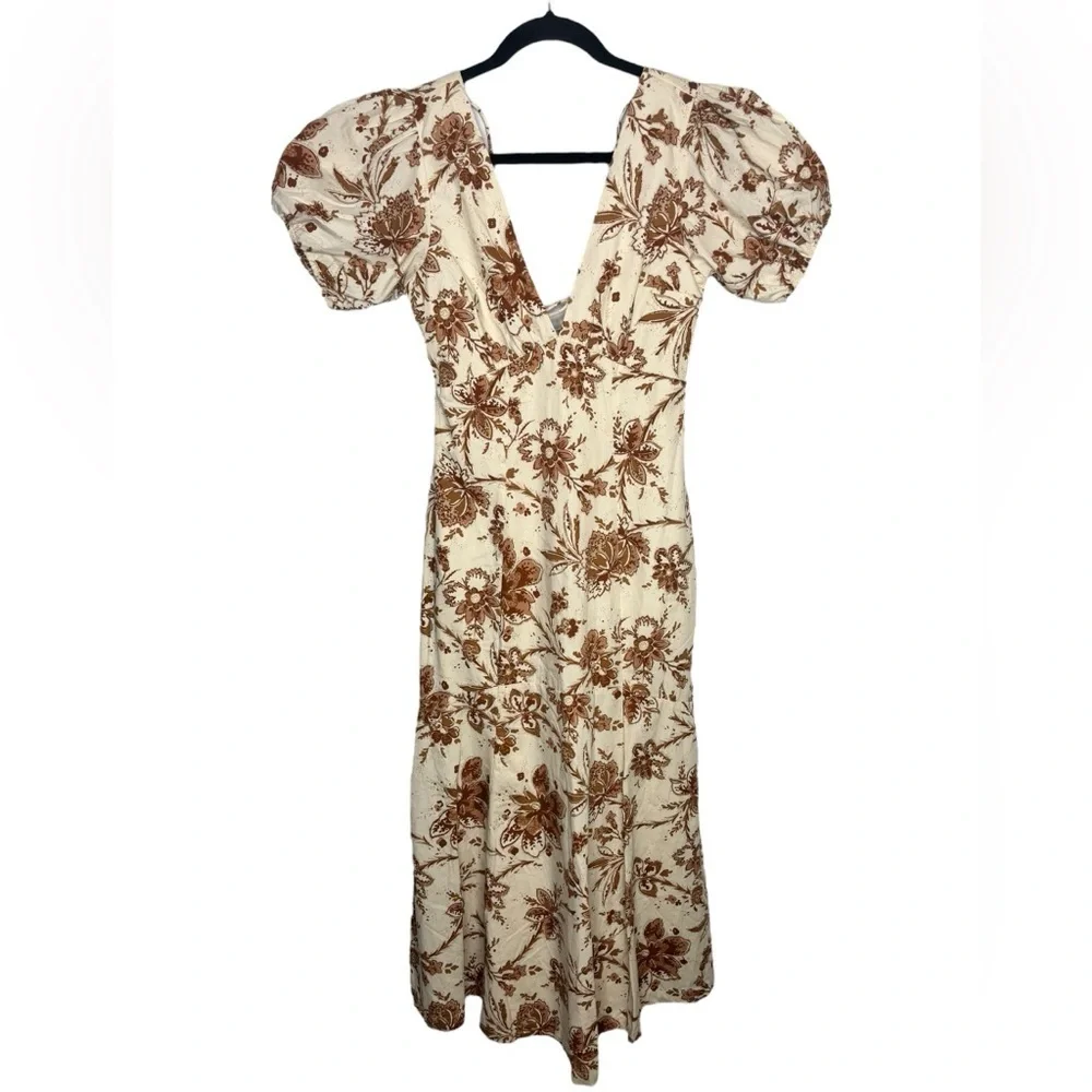 NEW Abercrombie and Fitch Cream Floral Printed Poplin Puff Sleeve Midi Dress XS